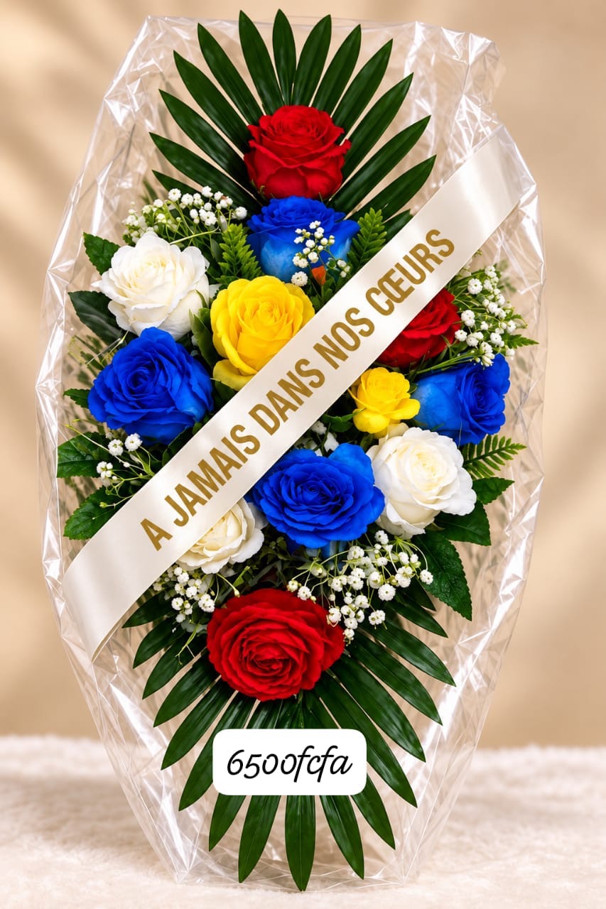 Gerbe de roses bleues, rouges, jaunes et blanches, ruban « À jamais dans nos cœurs »