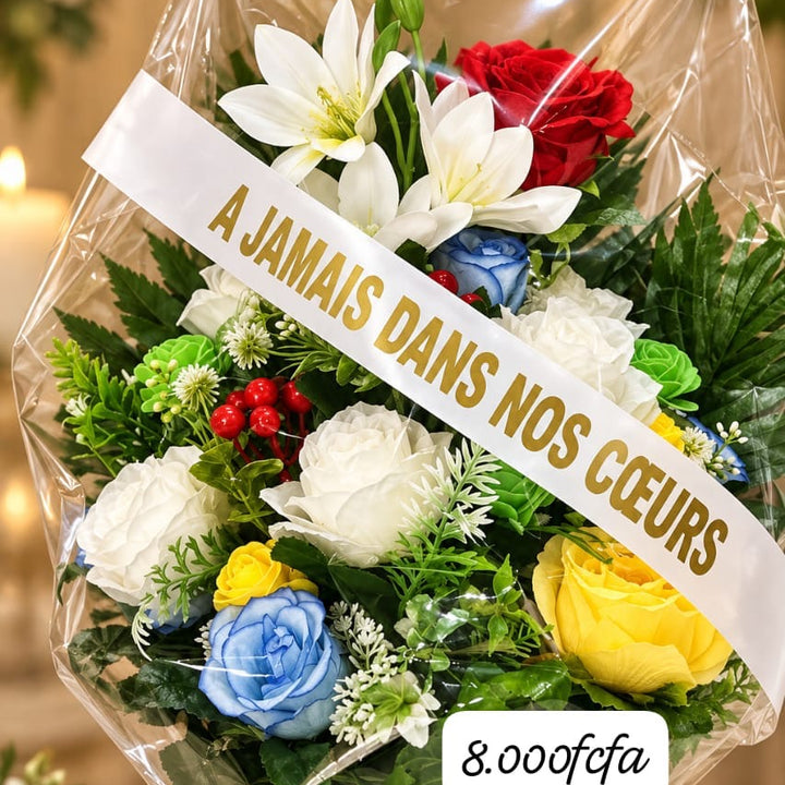 Composition en pot de lys blancs et roses multicolores, ruban « À jamais dans nos cœurs »