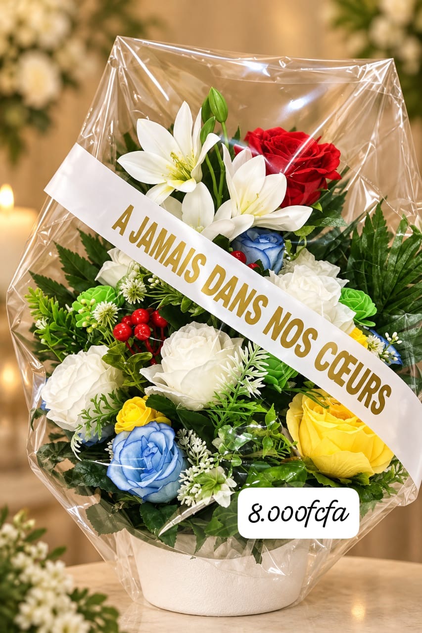 Composition en pot de lys blancs et roses multicolores, ruban « À jamais dans nos cœurs »