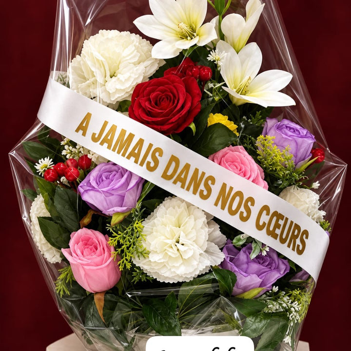 Composition d'œillets blancs, lys et roses, ruban « À jamais dans nos cœurs »