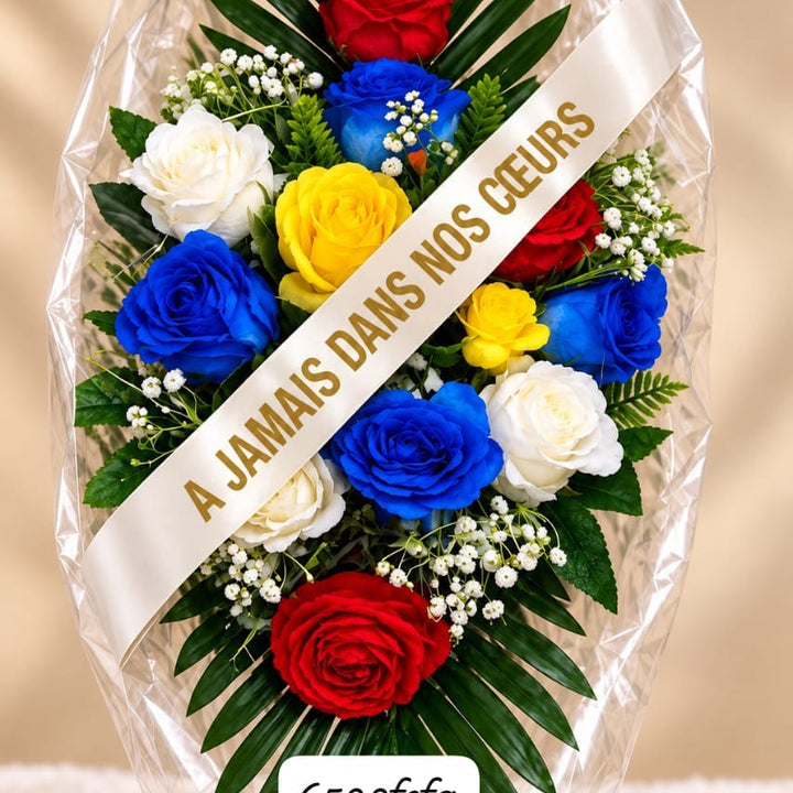 Gerbe de roses bleues, rouges, jaunes et blanches, ruban « À jamais dans nos cœurs »