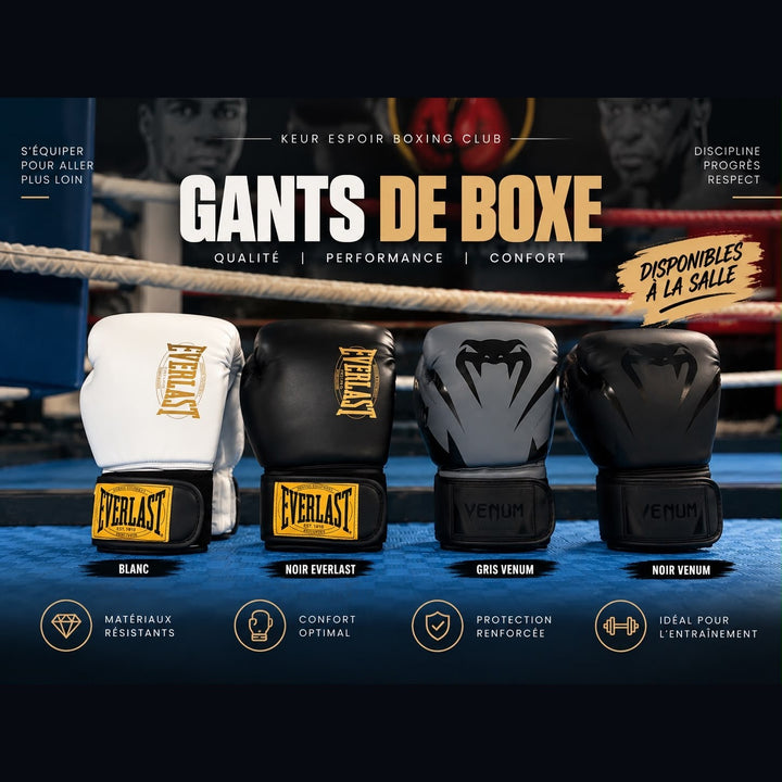 Gants de boxe du Keur Espoir Boxing Club : Everlast blanc et noir, Venum gris et noir