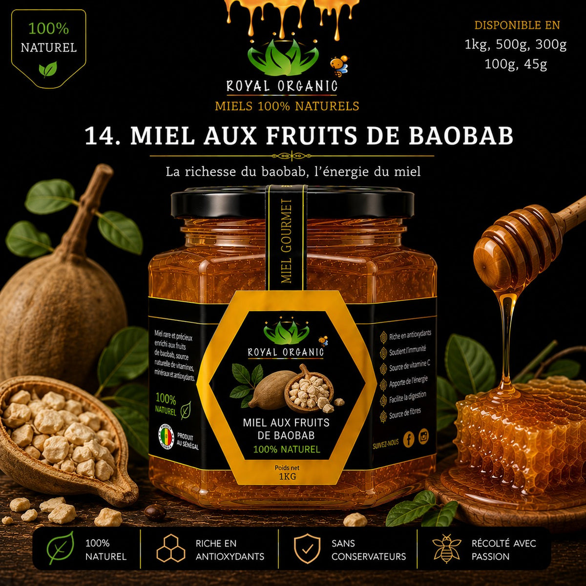 Miel Royal Organic – Fruits de Baobab (pot Royal Organic)